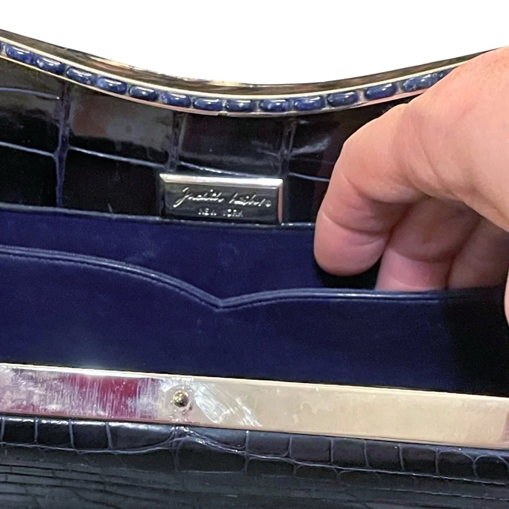 Judith Leiber Midnight Blue Alligator Clutch W/Silver Tone‎ & Lapis Stone Frame